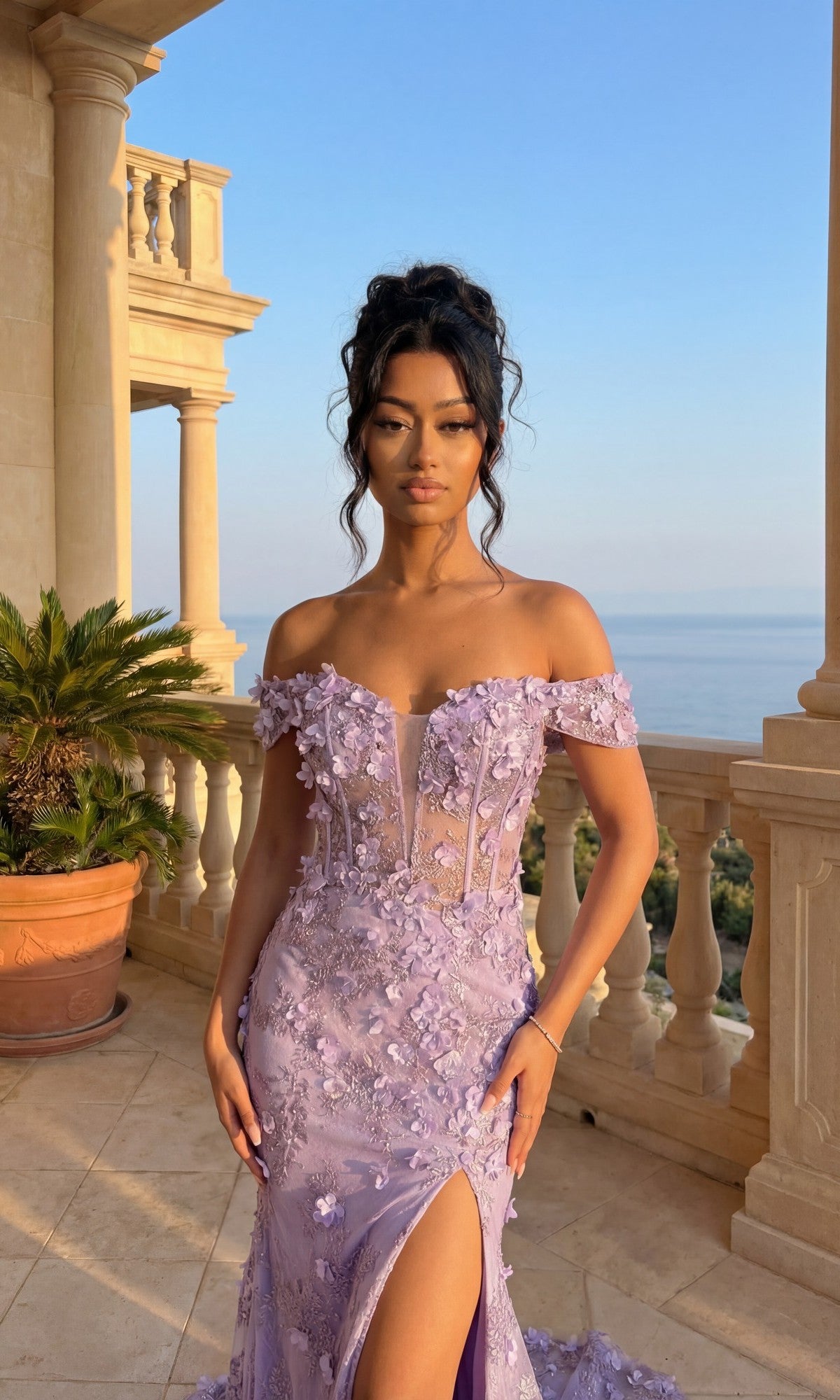 A woman in a lilac off-shoulder gown with floral details stands on a seaside balcony, evoking the elegance of the Long Black and Nude Prom Dress: Dancing Queen 4457.